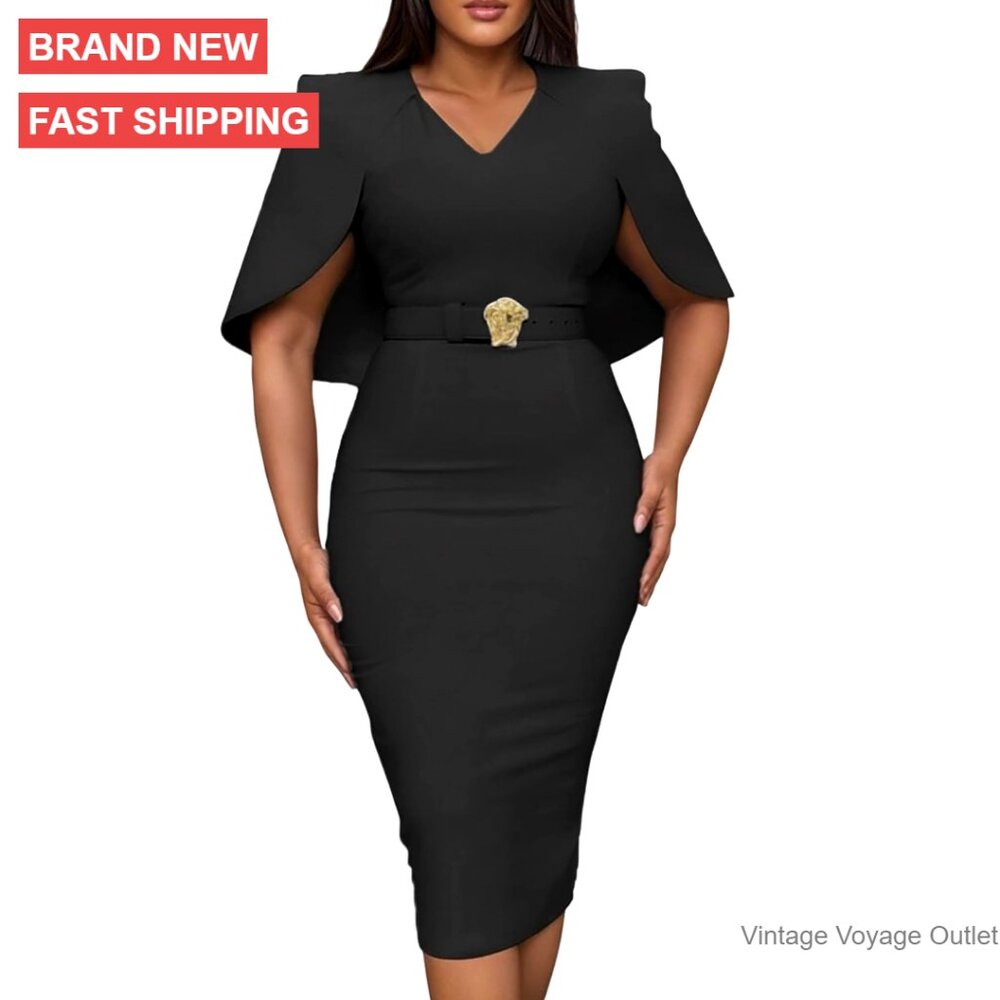 Elegant Cape Sleeve Bodycon Midi Dress V-Neck Back Slit Slim Fit Cocktail